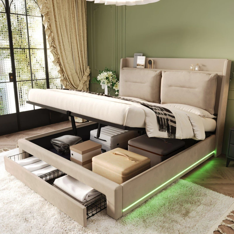 Image of Urban Meuble Upholstered Bed Frame with Cushioned Headboard Beige unisex One Size