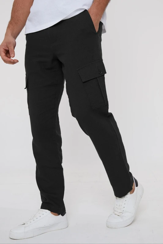 Image of Threadbare Mens 'Ramsay' Linen Blend Cargo Trousers in Black Size: 38R Black Male 38R