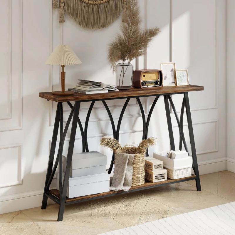 Image of HOMCOM Console Table, Industrial Narrow Sofa Table with 2 Tiers, Metal Frame in Brown Size: 120cm Brown Unisex 120 cm
