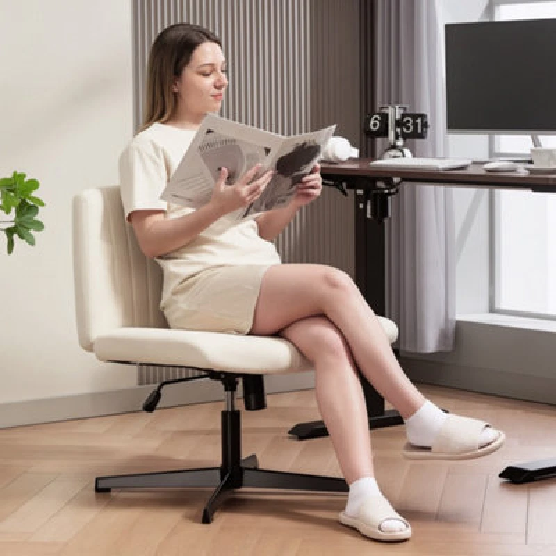 Image of HOMCOM HOMCOM Office Desk Chair No Wheels with Wide Seat, Thick Padding for Home in Cream Cream One Size Unisex 5063603135215