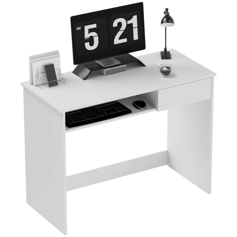 Image of HOMCOM HOMCOM Compact Computer Table with Keyboard Tray and Drawer, Writing Desk in White White One Size Unisex 5063603021761
