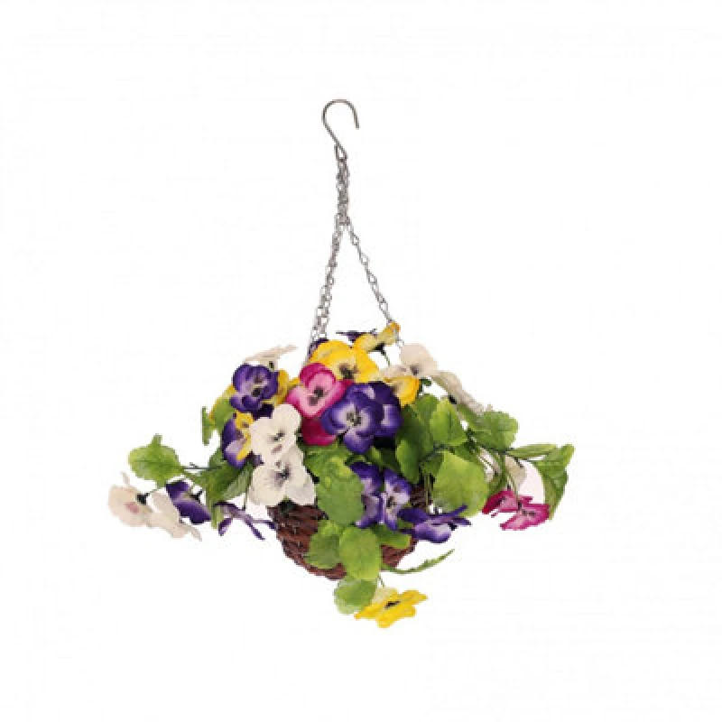 Image of Oypla Artificial Hanging Wicker Basket with Multicoloured Pansy Flowers Brown unisex