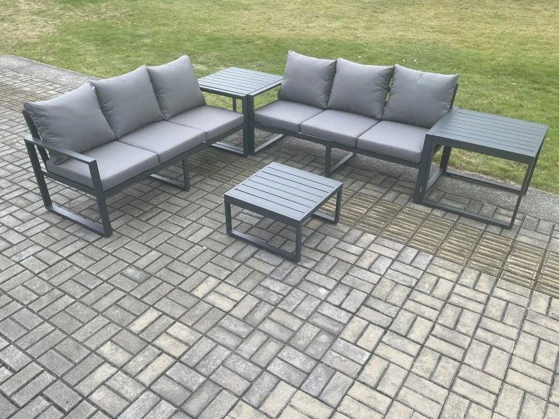 Image of Fimous Aluminium 5 Pieces Garden Furniture Sofa Set with Cushions 6 Seater Outdoor Patio Set with Square Coffee Table 2 Side Tables Dark Grey Dark Gre