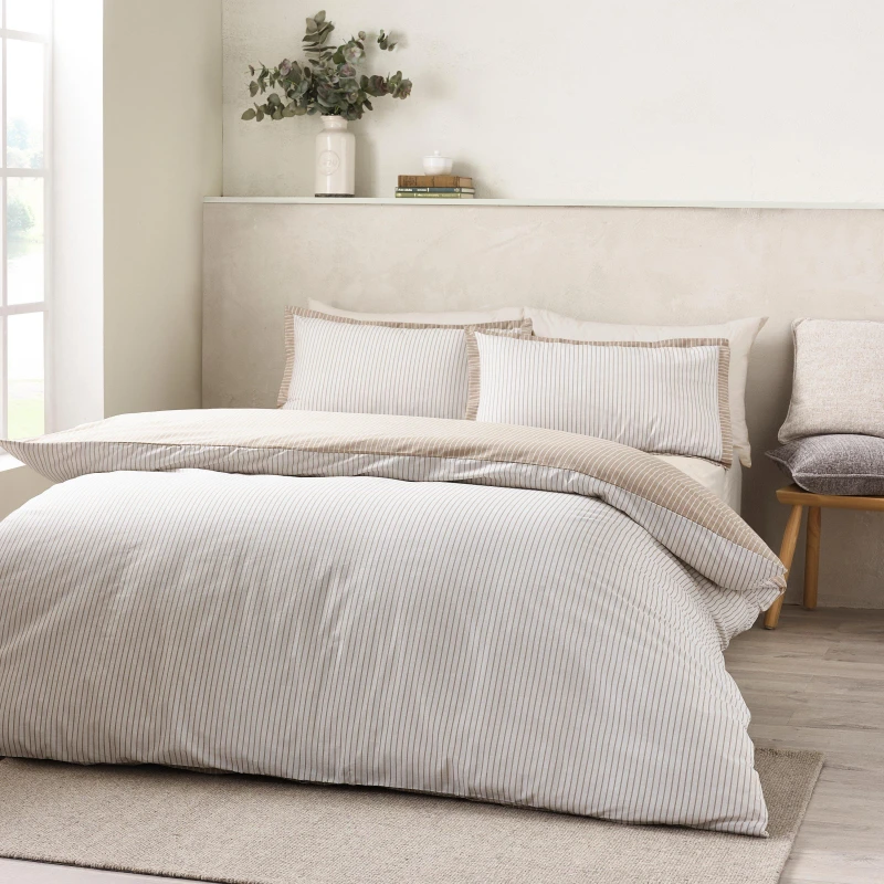 Image of Catherine Lansfield Catherine Lansfield 'Oxford Pinstripe' Reversible Duvet Cover Set in Natural Size: Double Natural Double Unisex 5057681186849