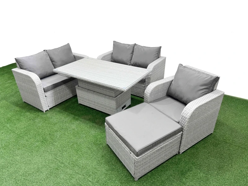 Image of Fimous High Back Poly Rattan Garden Furniture Set with Adjustable Lifting Dining or Coffee Table Indoor Outdoor Patio Set Big Stool
