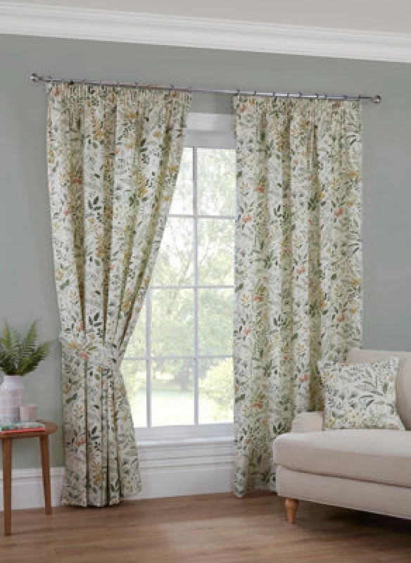 Image of Sundour Cleo Ready Made Floral Pencil Pleat Curtains Willow 90X90"