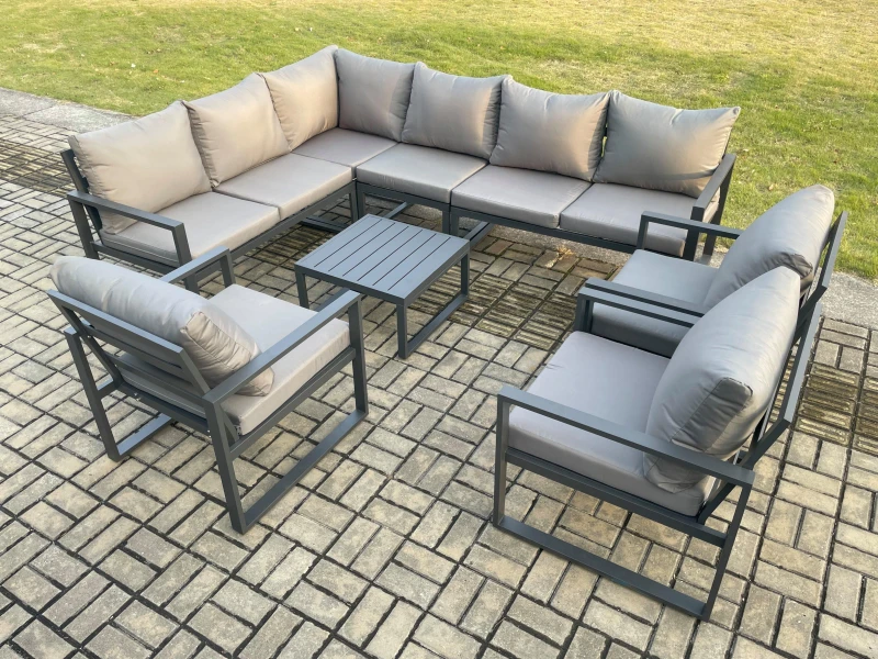 Image of Fimous Aluminium Garden Furniture Set Outdoor Lounge Corner Sofa 3 Pcs Chair Square Coffee Table Sets Dark Grey 9 Seater Dark Grey Unisex