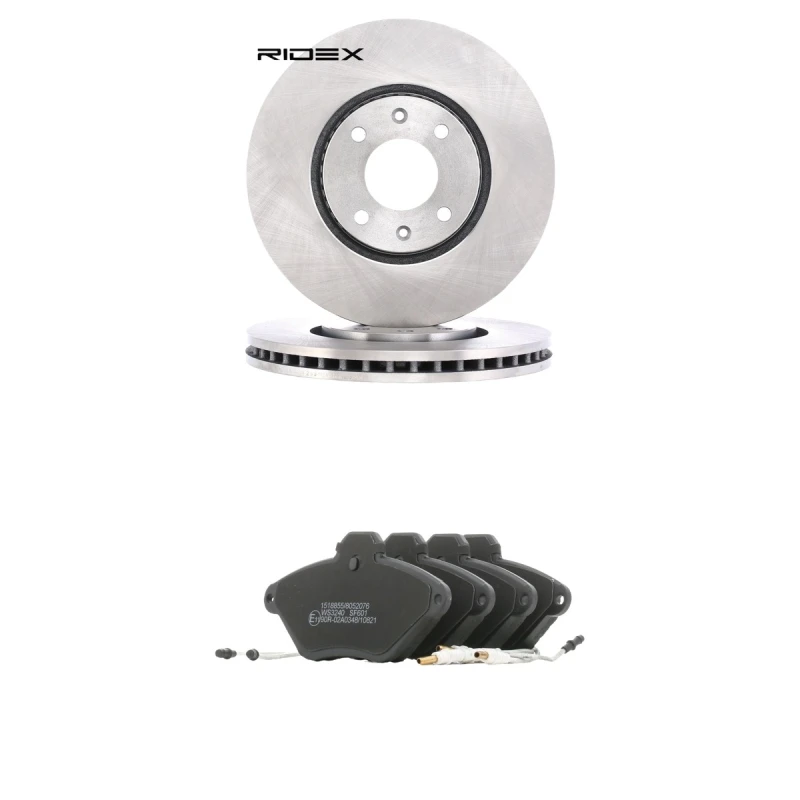 Image of RIDEX 3405B3067 Brake disc and pads set Front Axle, Brake Disc Type: Vented, incl. wear warning contact Brake Set,disc brakes (3405)
