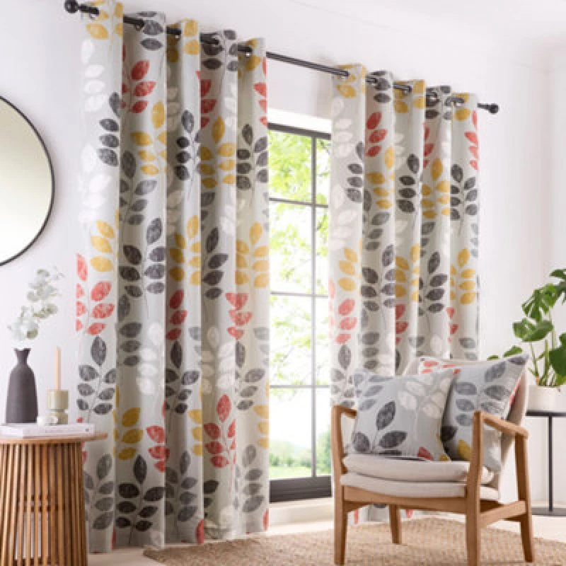 Image of Portfolio Home Springfield Leaf Grey 46" Width X 54" Drop (117 X 137Cm) Fully Lined Eyelet Curtain Set 2 Panels