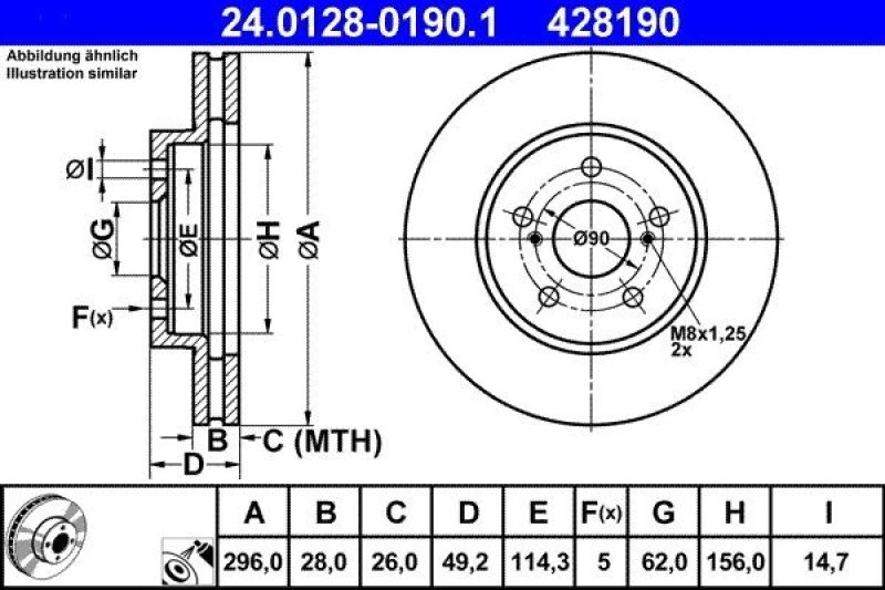Image of ATE 24.0128-0190.1 Brake disc Vented, Coated Brake Disc (82)