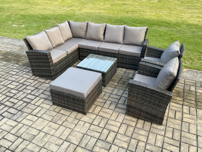 Image of Fimous Rattan Garden Furniture Set Outdoor Lounge Corner Sofa Set With Square Coffee Table Big Footstool 2 Armchairs in Dark Grey Dark Grey Unisex