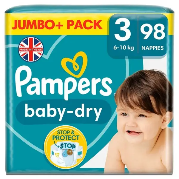 image of Pampers Baby Dry Size 3 Jumbo Plus Pack 98 Nappies