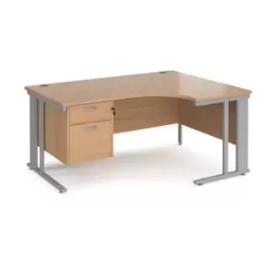 Image of Office Desk Right Hand Corner Desk 1600mm With Pedestal Beech Top With Silver Frame 1200mm Depth Maestro 25 MCM16ERP2SB