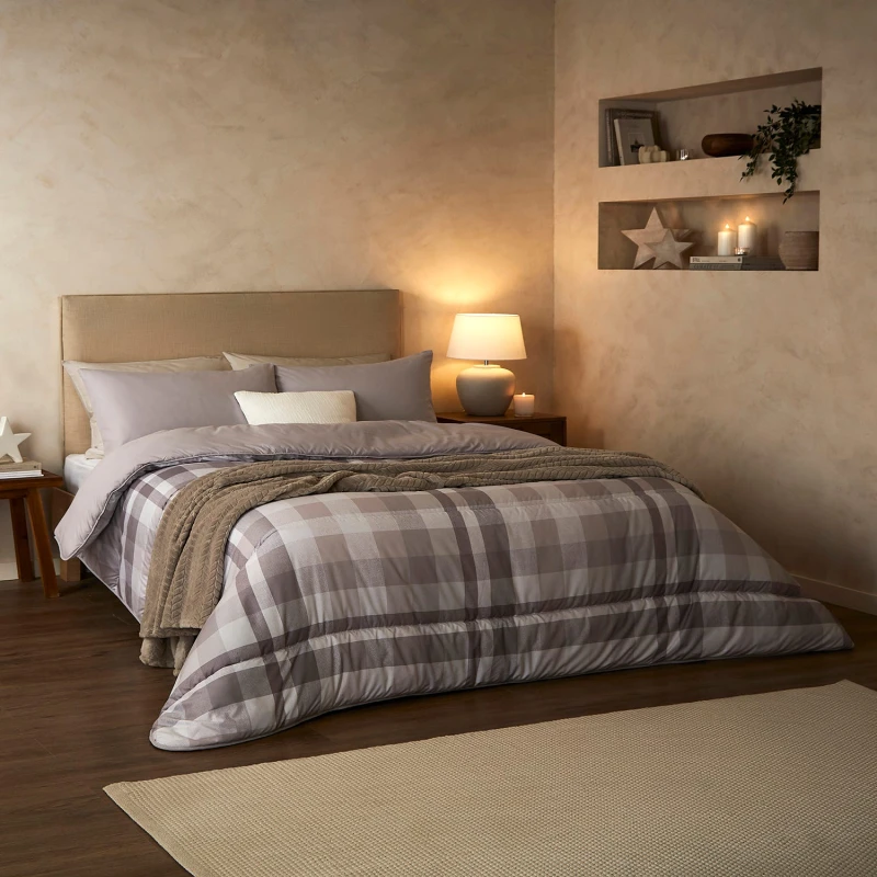 Image of Night Lark by Fine Bedding Company Check Coverless Duvet Set, 10.5 Tog, Double, Natural