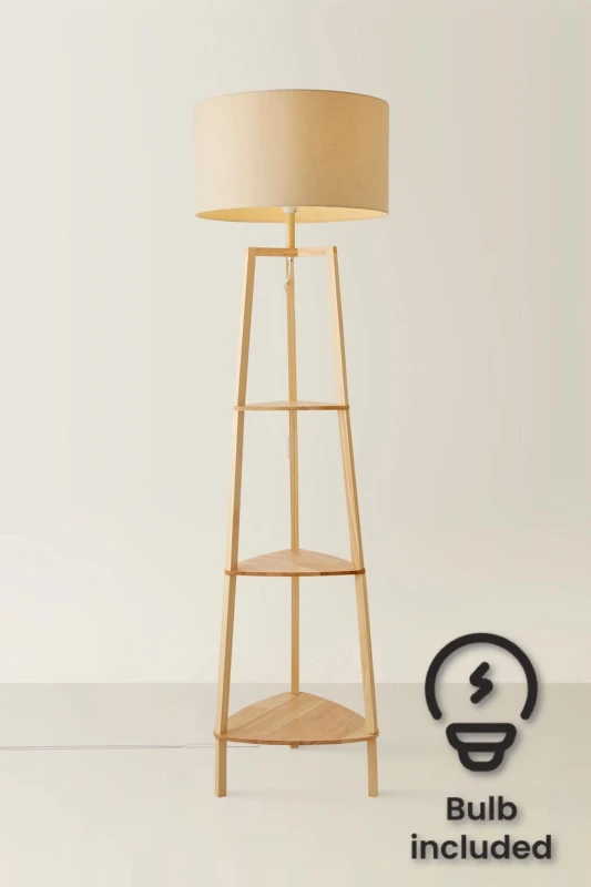 Image of ValueLights ValueLights Hiru 3 Tier Wooden Shelf Floor Lamp with Large Drum Shade and Bulb in Nude Nude One Size Unisex 5059406034626