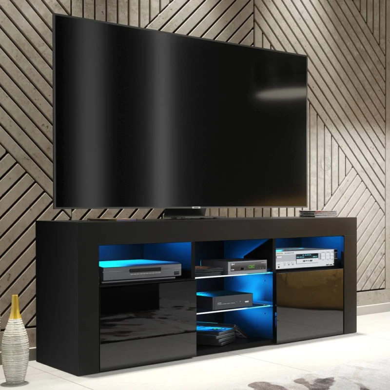Image of Creative Furniture Pulse TV Unit 145cm - Black with Gloss Doors & LED Lights Black Unisex