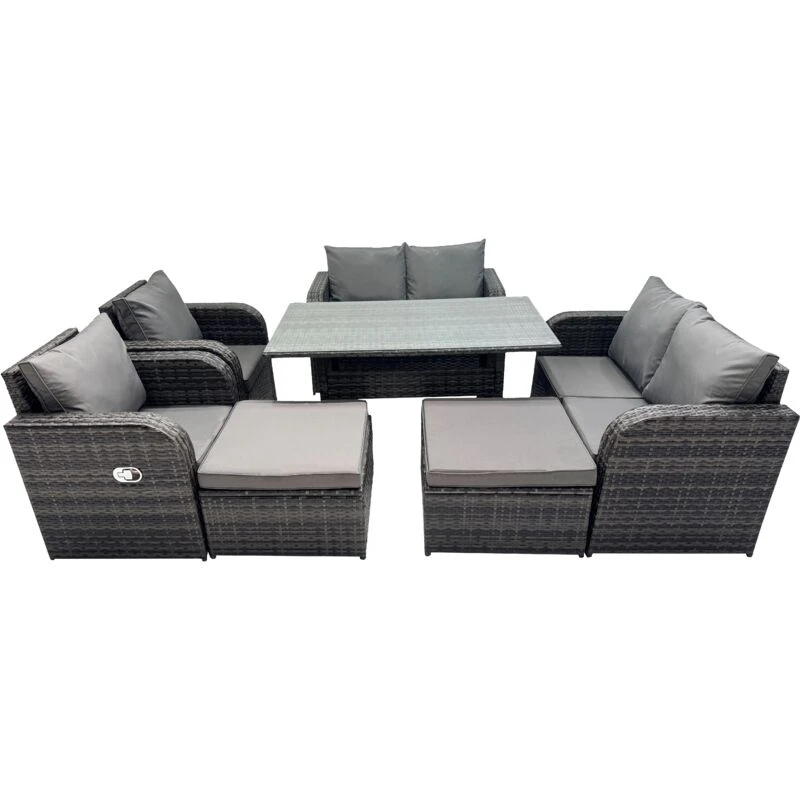 Image of Fimous 8 Seat Outdoor Dining Table Sofa Sets with 2 Big Stools in Dark Grey Dark Grey Unisex