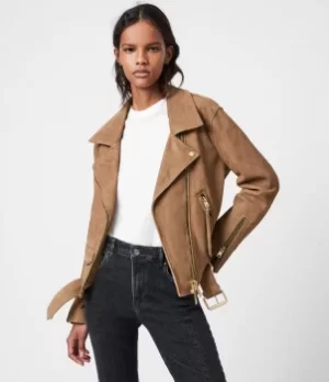 Image of AllSaints Womens Luna Suede Biker Jacket, Tan Brown, Size: L