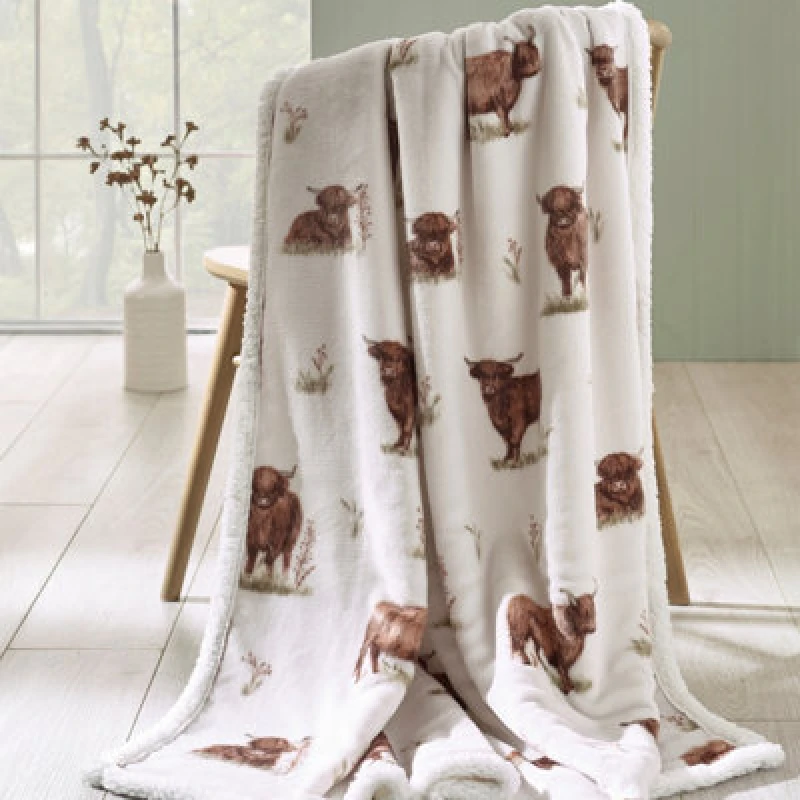 Image of Catherine Lansfield Angus Highland Cow Cosy Fleece 130X170Cm Blanket Throw Natural