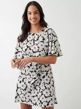 Image of Dorothy Perkins Floral Angel Sleeve Mini Dress - Monogram, Multi, Size 12, Women