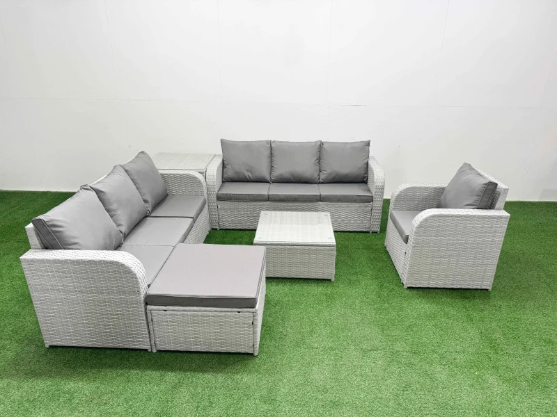 Image of Fimous 8 Seater Poly Rattan Outdoor Garden Furniture Square Coffee Table Sofa Set Patio 3 Seater Sofa Reclining Chair 3 Seater Sofa Big Footstool Side