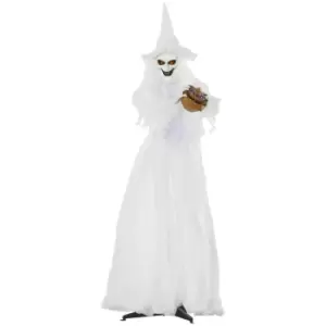 image of Outsunny 72" Halloween Decorations White Witch Holding Pumpkin Head, Standing Skeleton Ghost Prop Life Size, Motion Activated Light Up Eyes Body