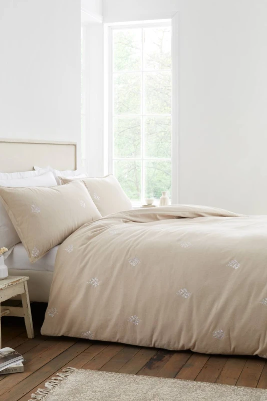 Image of Bianca 'Brushed Embroidery Leaf' Cotton Duvet Cover Set in Natural Size: Super King Natural Unisex Super King
