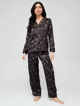 Image of Lauren by Ralph Lauren Satin Crown Print Pyjama - Black Srint, Black, Size L, Women