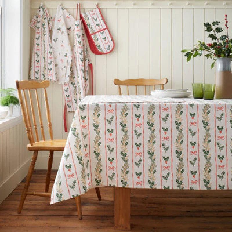 Image of Catherine Lansfield Christmas Holly Stripe Cotton 137X178Cm Table Cloth Cream / Red