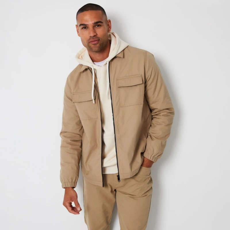 Image of Threadbare 'Carrier' Fleece Lined Zip Up Cotton Shacket Stone