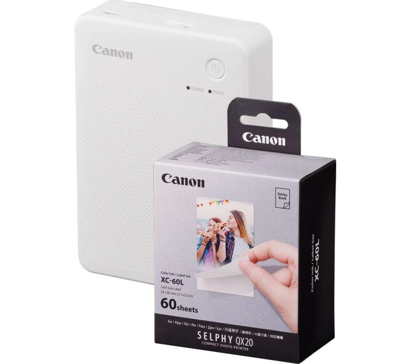 Image of Canon SELPHY QX20 Portable Colour Photo Wireless Printer & XC-60L 54 x 85mm Photo Paper & Ink Set - Sand White, 60 Sheets, White 5055189045675