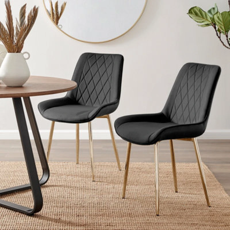 Image of FurnitureboxUK FurnitureboxUK Set of 2 Pesaro Luxury Soft Touch Diamond Pattern Velvet Dining Chairs With Gold Chrome Metal Legs in Black One Si