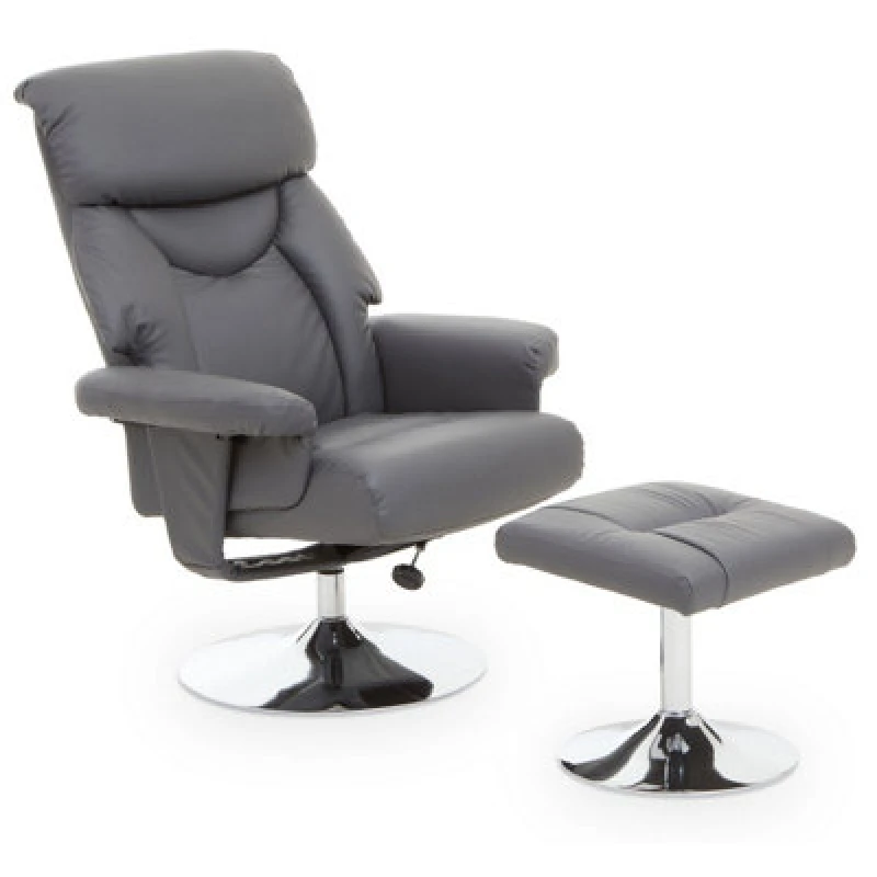 Image of Orsina Comfortable Grey Leather Effect Reclining Chair And Footstool, Easy To Clean Leather Chair, Comfy Footstool