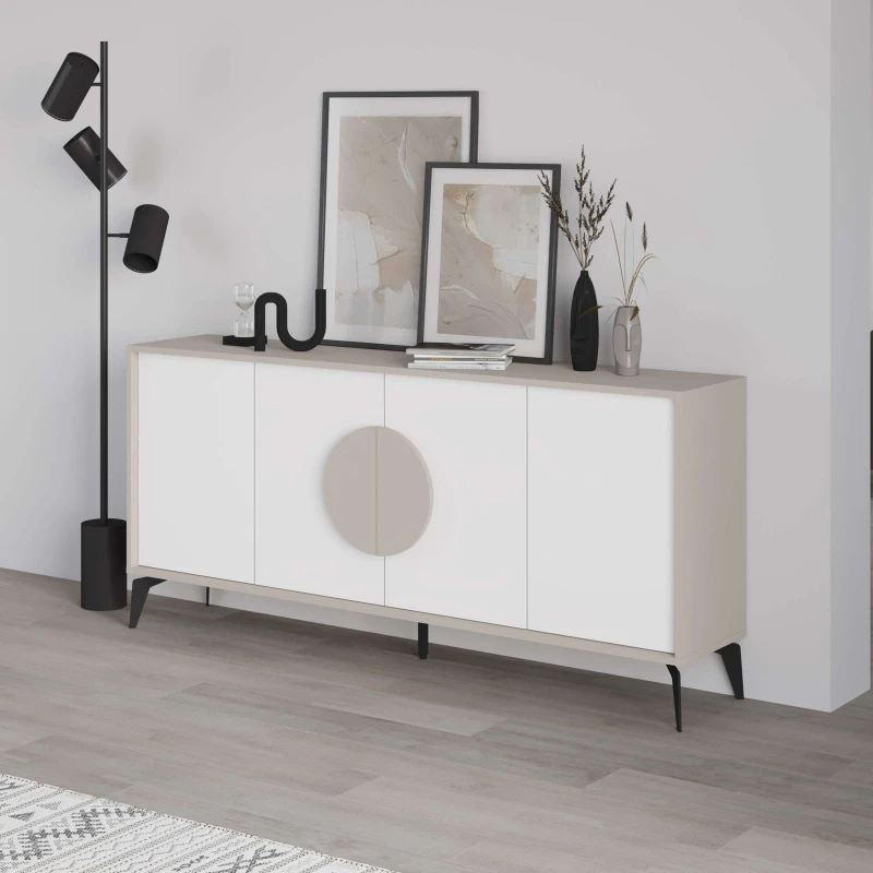 Image of Decortie 4 Doors Sideboard 'Gora' 4 Metal Legs, Chipboard Handle Storage Unit 180cm in Beige Size: 3 Pack Beige Unisex 3 Pack