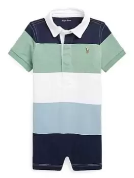 Image of Ralph Lauren Baby Boys Stripe Rugby One Piece Shortall Romper - Faded Mint Multi, Size 18 Months
