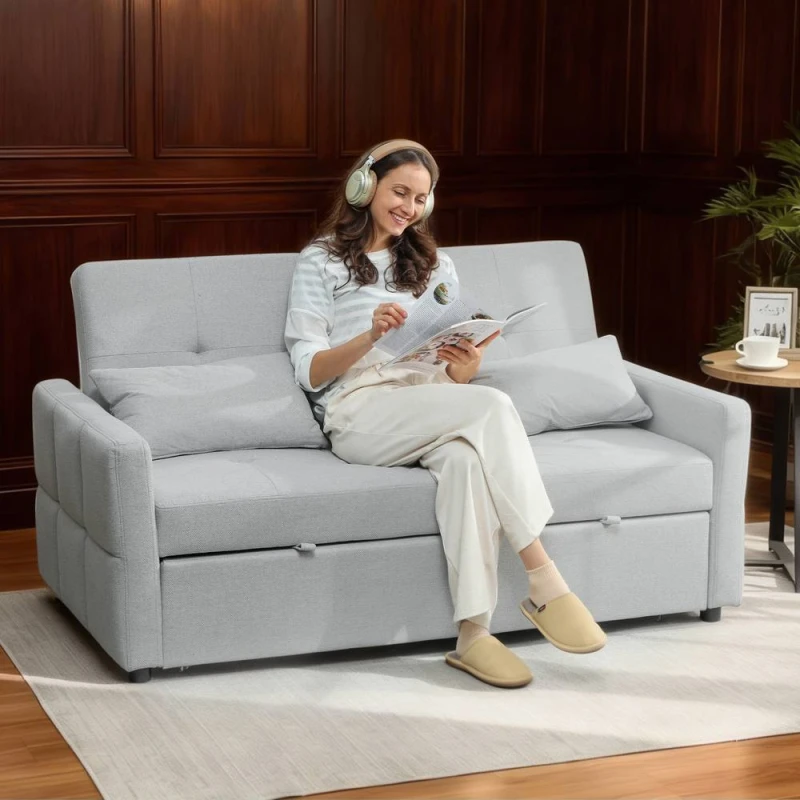 Image of HOMCOM 2 Seater Sofa Bed, Convertible Pull Out Bed Settee, Light Grey Light Grey Unisex 2 Seater