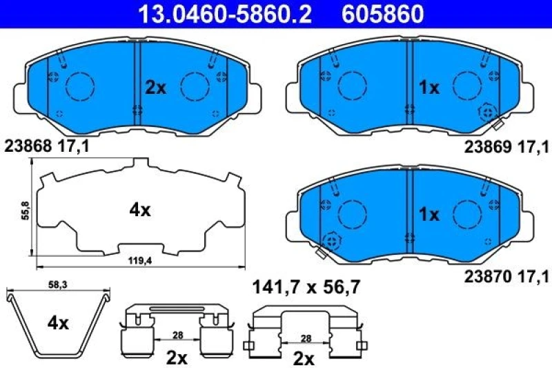 Image of ATE 13.0460-5860.2 Brake pad set with acoustic wear warning, with accessories Brake Pad Set,disc brake (402)