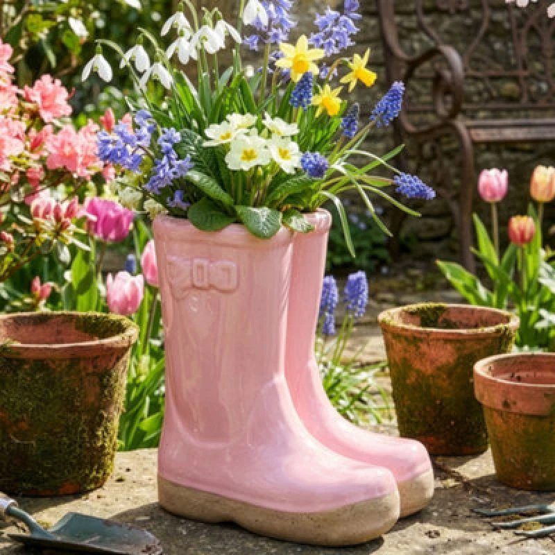 Image of Dibor Small Pink Double Wellington Boots Ceramic Indoor Outdoor Flower Pot Garden Planter Pot (W) 15cm, (H) 17cm Pink Unisex S
