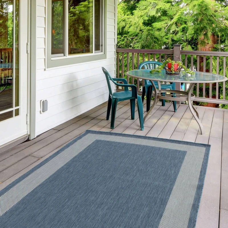 Image of THE RUGS Outdoor Indoor Blue Bordered Rug Weatherproof Jet Washable Size: 120cm x 170cm Blue Unisex 120cm x 170 cm