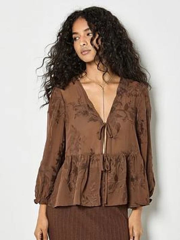 Image of Apricot Womens Embroidered Floral Chiffon Top in Brown Size: 10 Brown Female 10