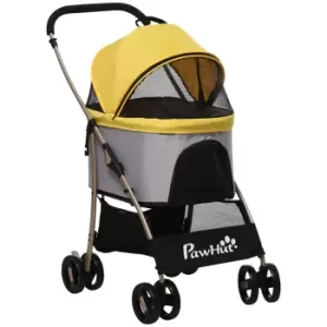 image of PawHut Detachable Pet Stroller, 3-In-1 Dog Cat Travel Carriage, Foldable Carrying Bag with Universal Wheel Brake Canopy Basket Storage Bag, Yellow