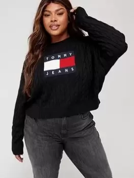 Image of Tommy Jeans Tommy Jeans Curve Boxy Center Flag Sweater - Black, Size 3XL, Women