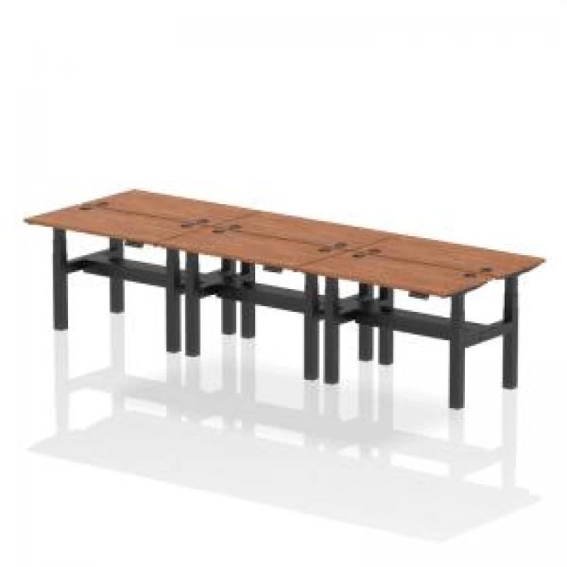 Image of AIR Dynamic Air Back-to-Back W1200 x D600mm Height Adjustable Sit Stand 6 Person Bench Desk With Cable Ports Walnut Finish Black Frame - HA01626 HA016