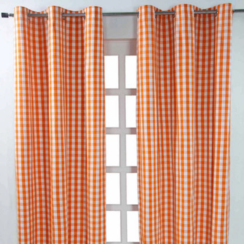 Image of Homescapes Cotton Orange Block Check Gingham Eyelet Curtains 137 X 182 Cm