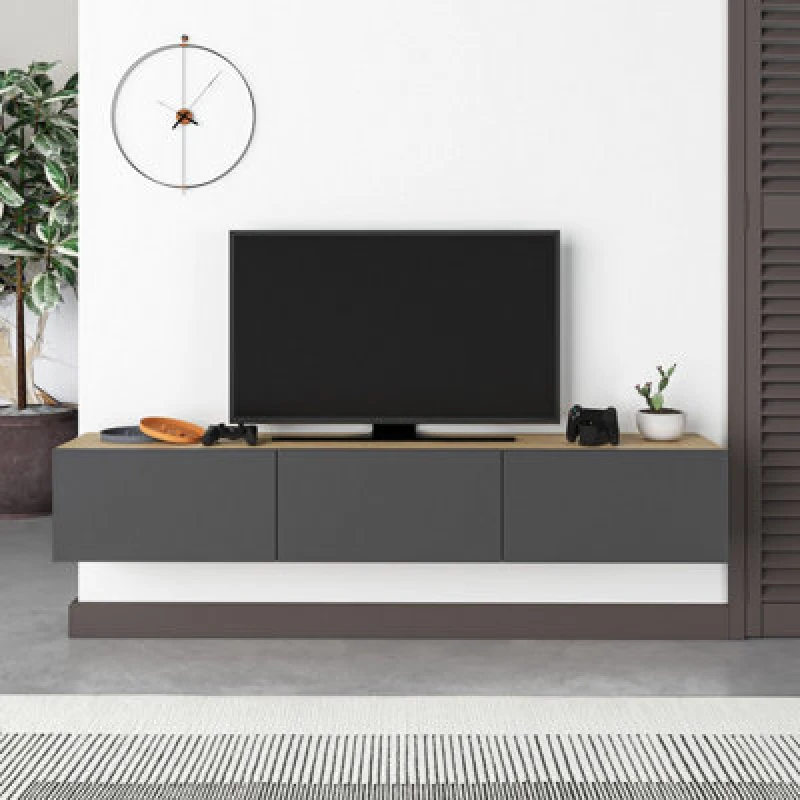 Image of Decortie Floating TV Unit Up To 55" Tvs 180Cm Storage Cabinet, Living Room, Oak, Anthracite Grey, Multi 8680812120831