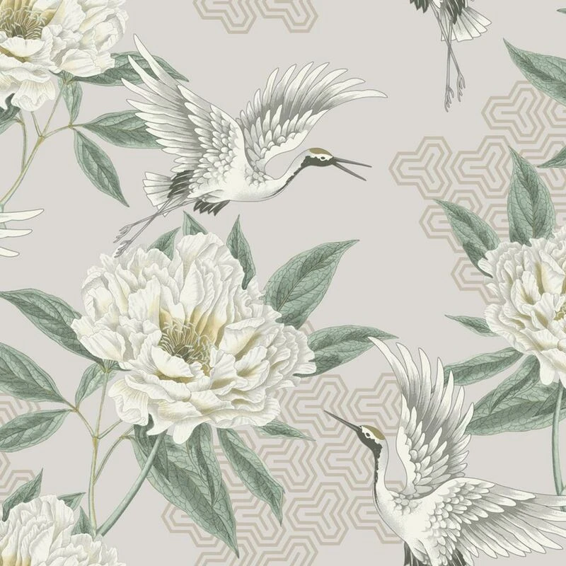 Image of Grandeco Flying Cranes Geo Navy Smooth Metallic Wallpaper Light Grey