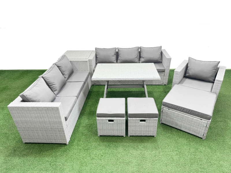 Image of Fimous 10-seater Patio 3 Seater Sofa Armchair Set with Side Table 3 Stools in Light Grey Light Grey Unisex