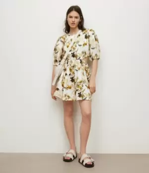 Image of AllSaints Womens Womens Cotton Linen Blend Floral Summer Colette Soleil Mini Dress, Yellow, White and Black, Size: 12, Yellow/White/Black