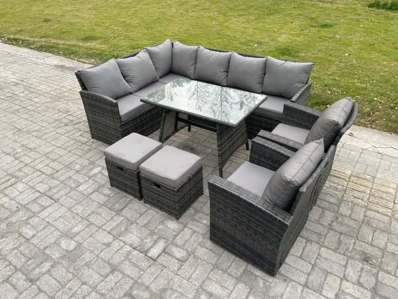 Image of Fimous Rattan Garden Furniture Corner Sofa Set with Oblong Dining Table 2 Small Footstools 2 Armchairs in Dark Grey Dark Grey Unisex