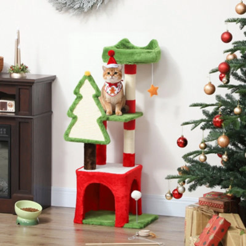 Image of Pawhut 103Cm Christmas Cat Tower With Scratching Post And Board, Green